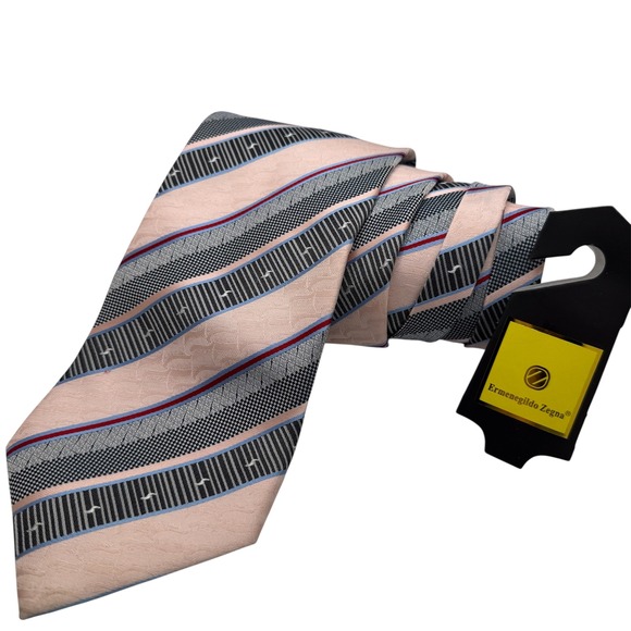 Ermenegildo Zegna Tie Mens Pink Blue Striped Silk Geometric Logo Italy 59